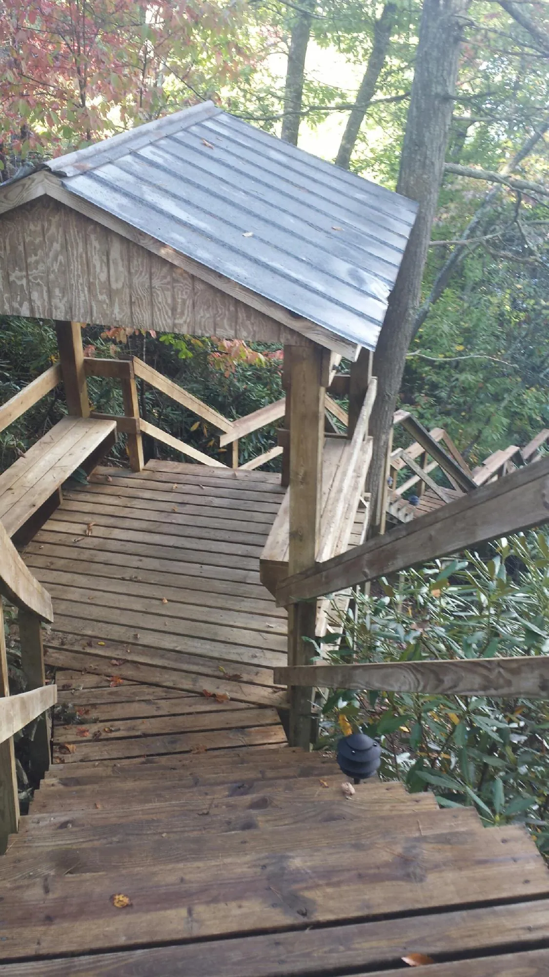 Metal roofed shelter over wooden steps on a wooded walkway — Skylight Repair & Installation work by our crew in Leakey